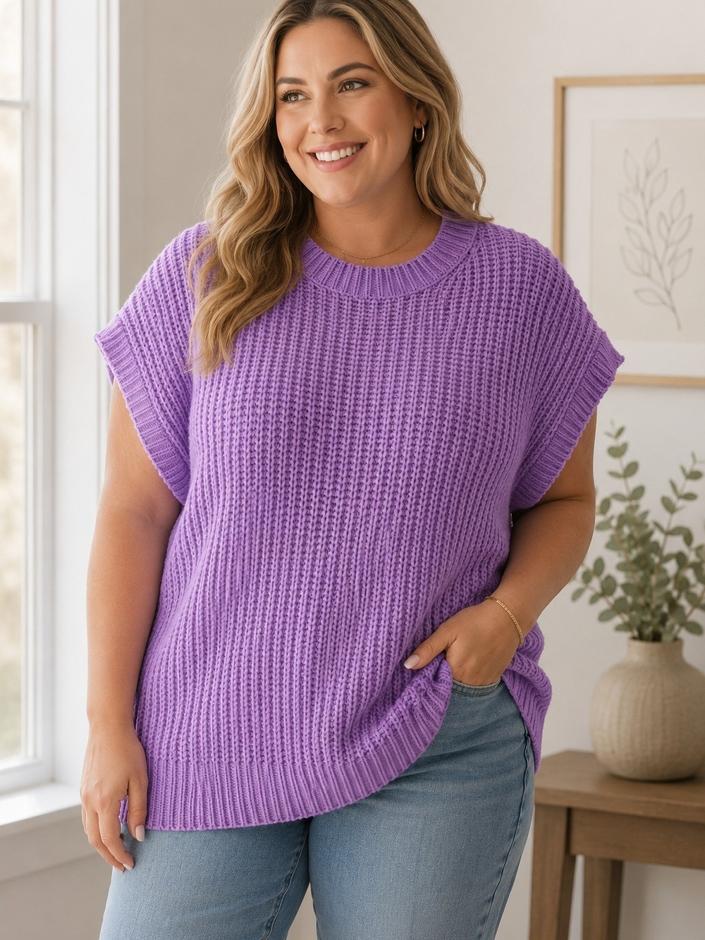 Zenana Outfitters Lavender Knit Sleeveless Crewneck Sweater